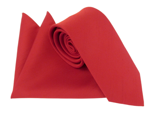 Cherry Red Slub Wedding Tie and Pocket Square Set By Van Buck