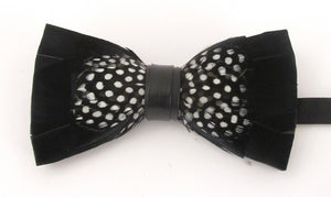 Black & White Dots Feather Bow Tie & Lapel Pin Set
