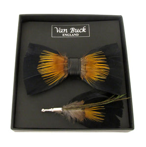 Black & Gold Feather Bow Tie & Lapel Pin Set