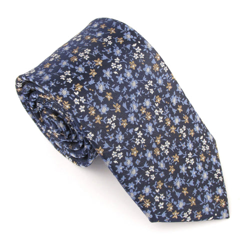 Navy & Tan Scattered Floral London Silk Tie by Van Buck