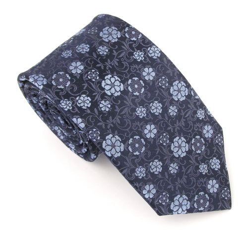 Navy Sky Blue Flowery Vine London Silk Tie by Van Buck