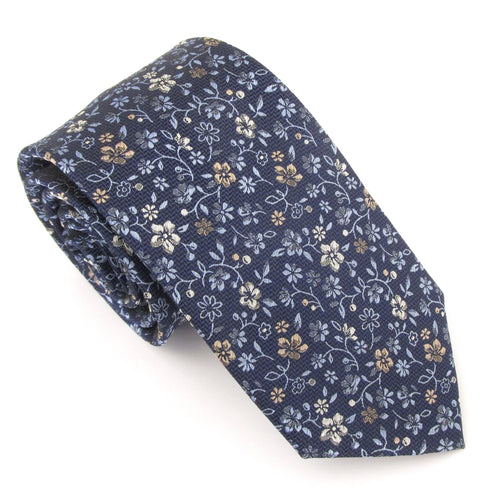 Navy Twining Floral Vine London Silk Tie by Van Buck