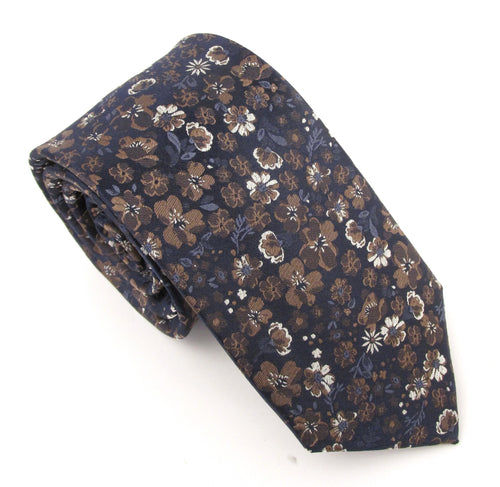 Navy & Brown Floral Medley London Silk Tie by Van Buck