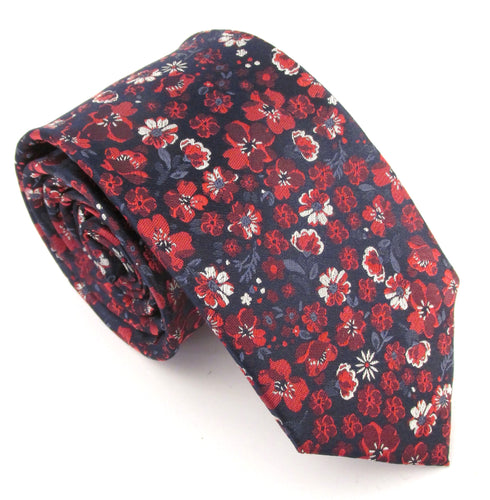 Navy & Red Floral Medley London Silk Tie by Van Buck