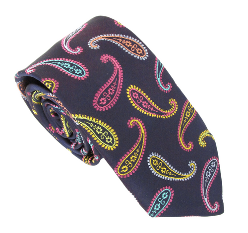 Limited Edition Navy Silk Tie with Multi Gold Paisleys by Van Buck