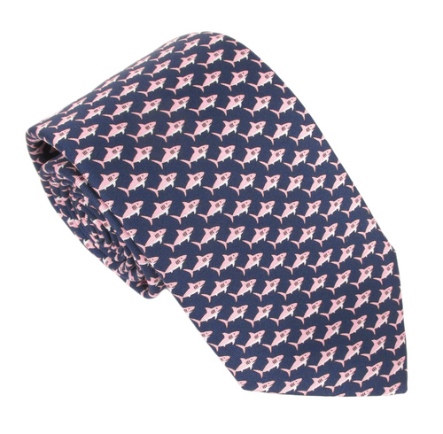 Italian Printed Silk Navy Pink Shark Tie