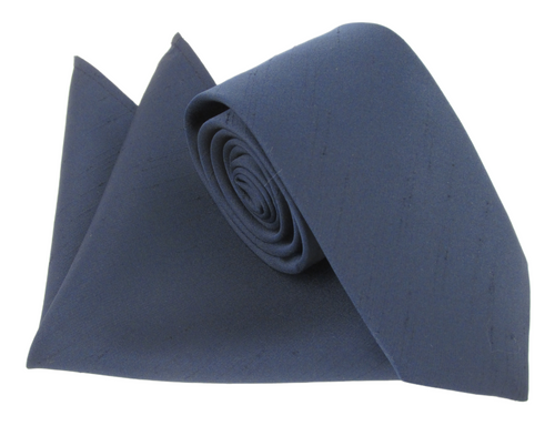 Van Buck Slub Plain Navy Blue Tie and Pocket Square Set