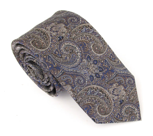 Brown & Navy Intricate Paisley London Silk Tie by Van Buck