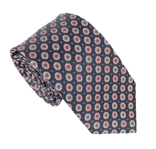 Navy Pink Medallion Circles London Silk Tie by Van Buck