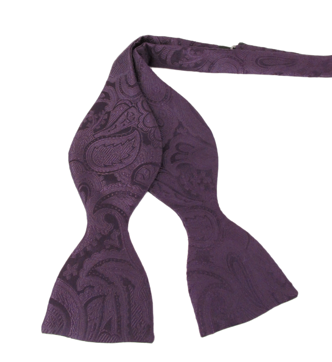 Aubergine Silk Paisley Self Tie Bow Tie by Van Buck