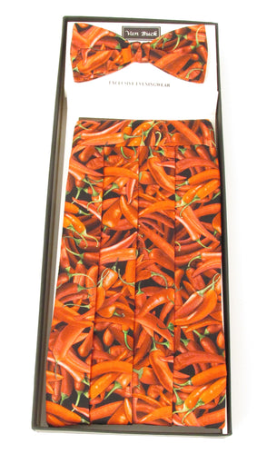 All Over Red Chilli Peppers Cummerbund & Bow Tie Set by Van Buck