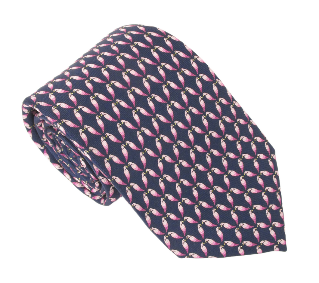 Italian Printed Silk Navy Pink Love Birds Tie