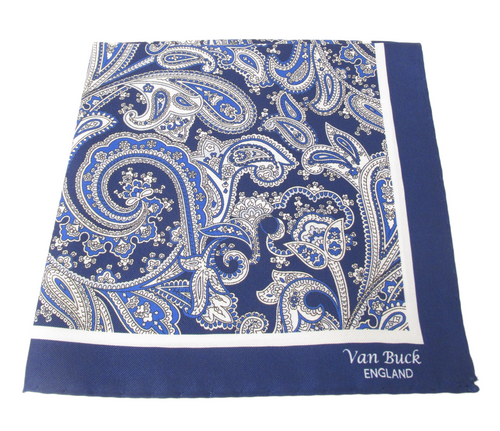 Blue & White Floral Paisley Silk Fancy Pocket Square by Van Buck