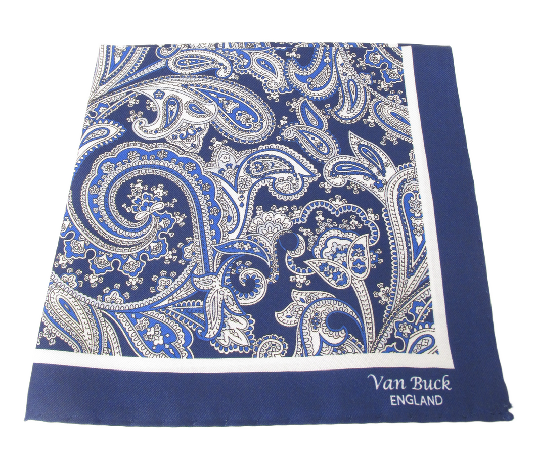 Blue & White Floral Paisley Silk Fancy Pocket Square by Van Buck
