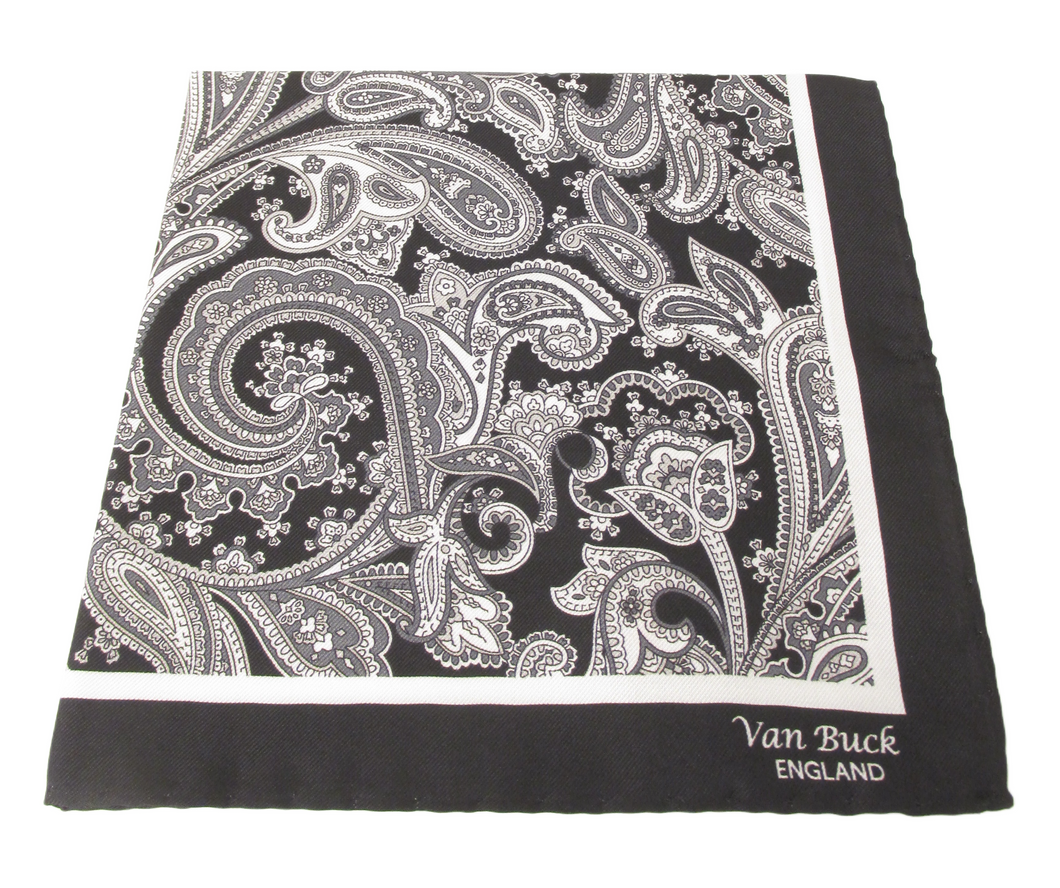 Black & White Floral Paisley Silk Fancy Pocket Square by Van Buck