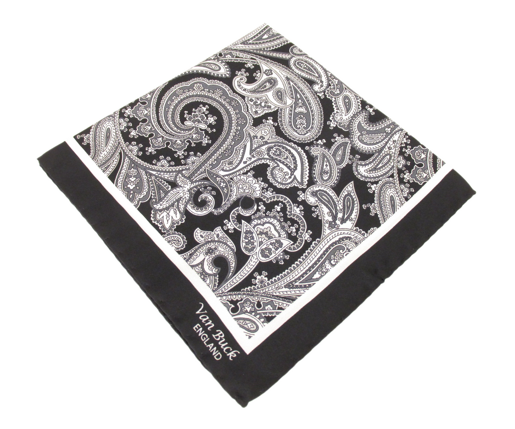 Black & White Floral Paisley Silk Fancy Pocket Square by Van Buck