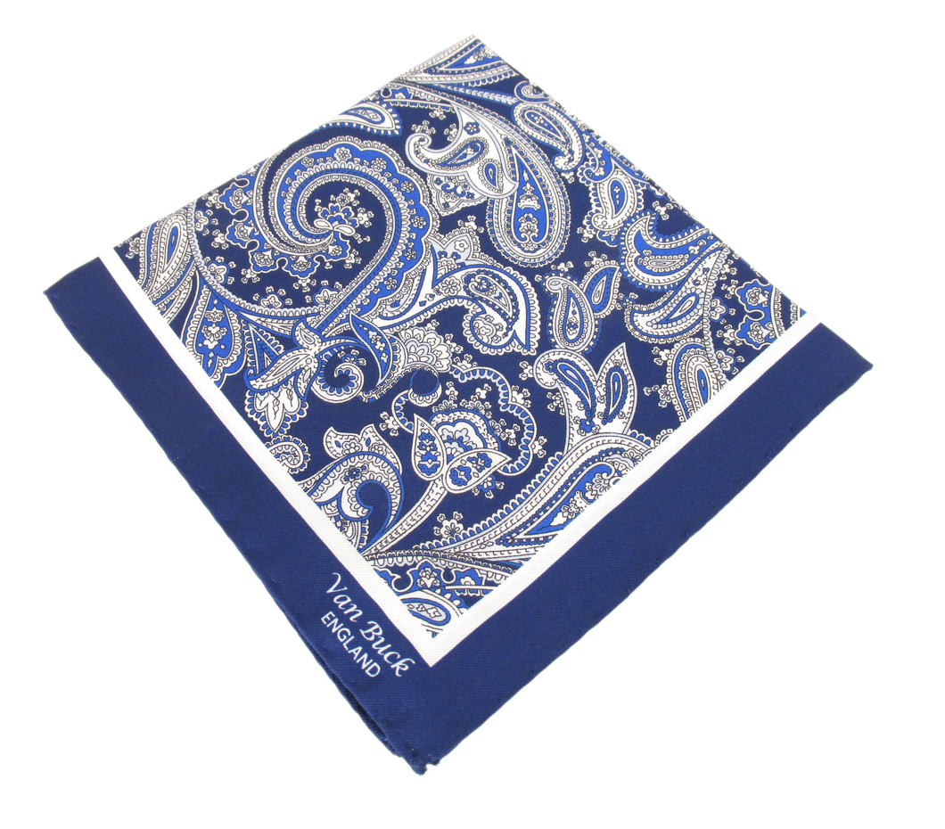 Blue & White Floral Paisley Silk Fancy Pocket Square by Van Buck
