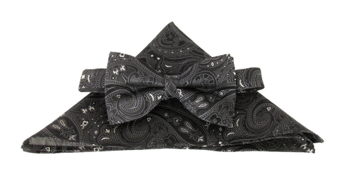 Black Detailed Paisley Silk Bow Tie & Pocket Square Set by Van Buck