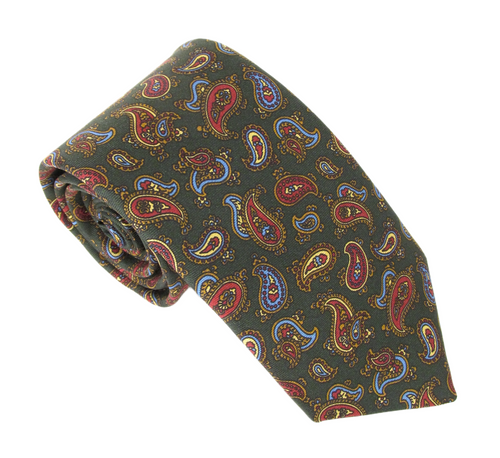 Green Paisley Printed English Silk Tie by Van Buck