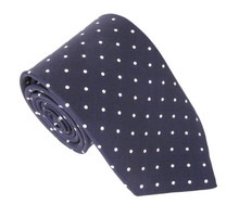 Navy Blue Printed English Silk Tie With White Polka Dots by Van Buck