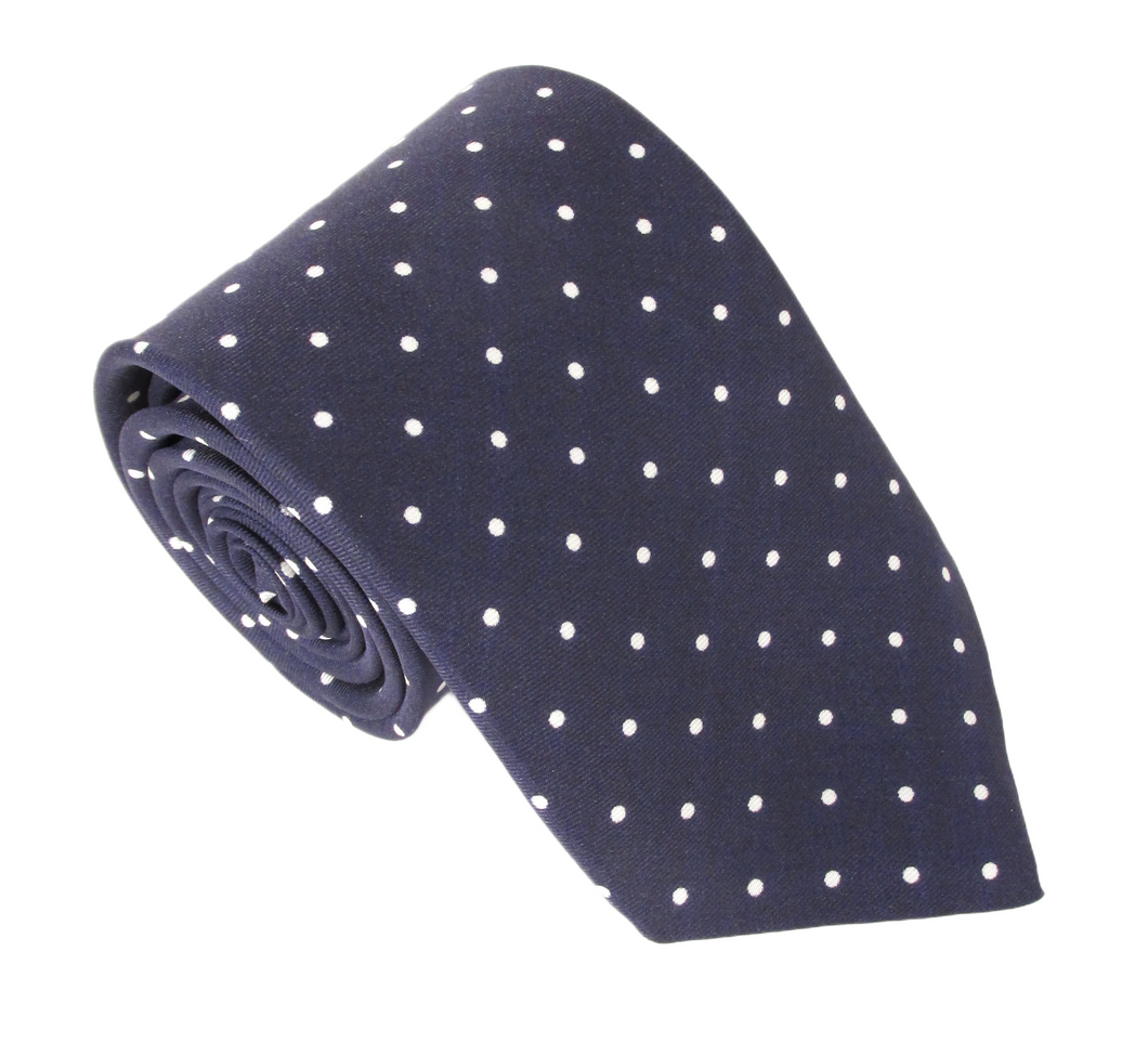 Navy Blue Printed English Silk Tie With White Polka Dots by Van Buck