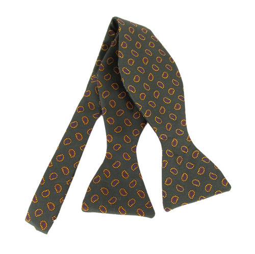 Green Neat Teardrop Paisley English Printed Silk Self Tie Bow by Van Buck
