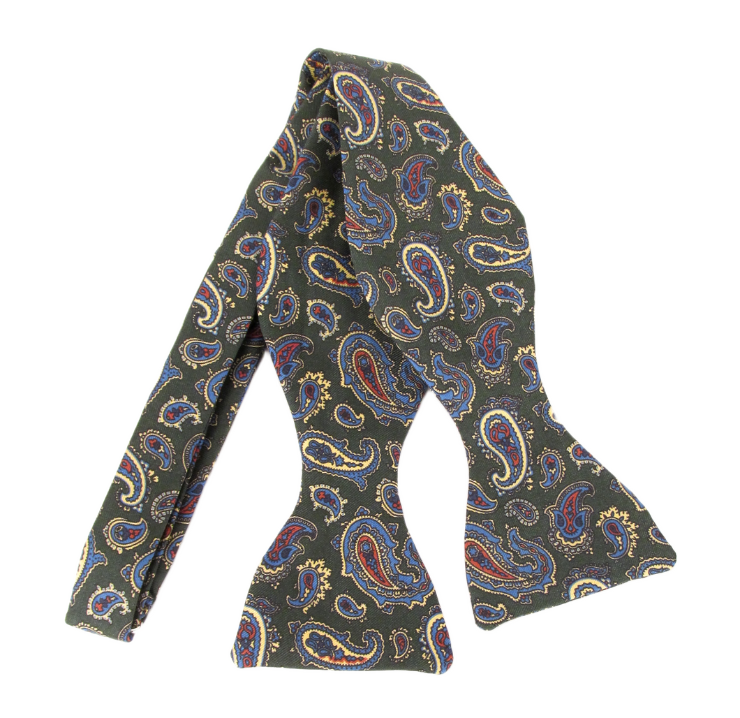 Green Cream Classic Paisley English Printed Silk Self Tie Bow by Van Buck