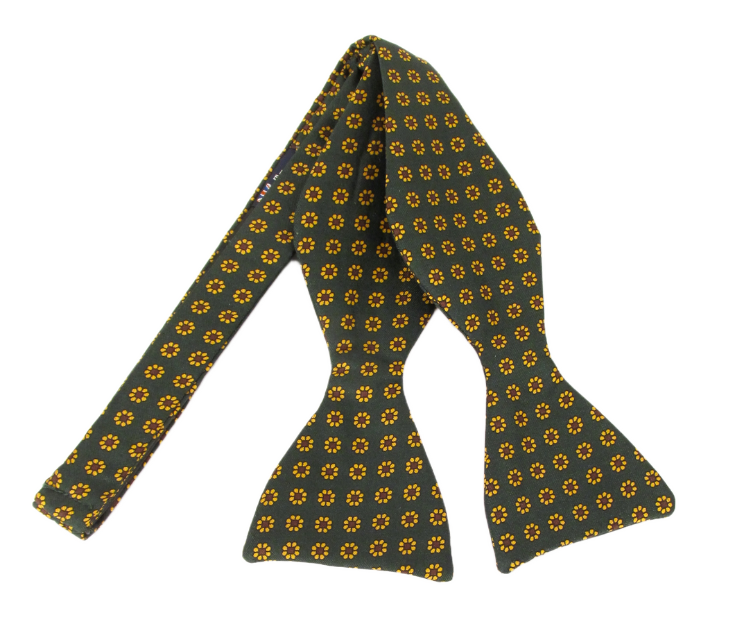 Green Small Medallion English Printed Silk Self Tie Bow by Van Buck