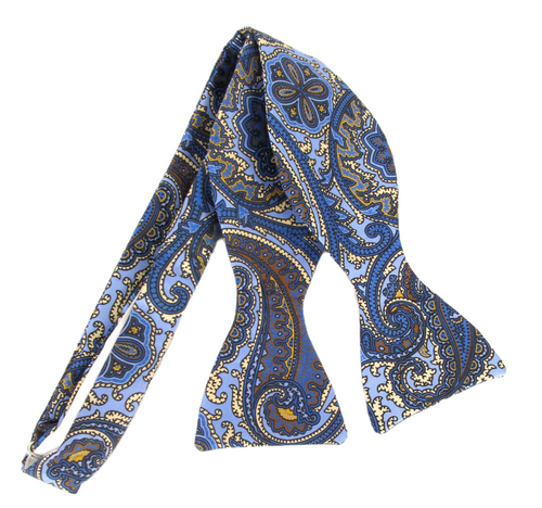 Sky Blue Giant Detailed Paisley English Printed Silk Self Tie Bow by Van Buck