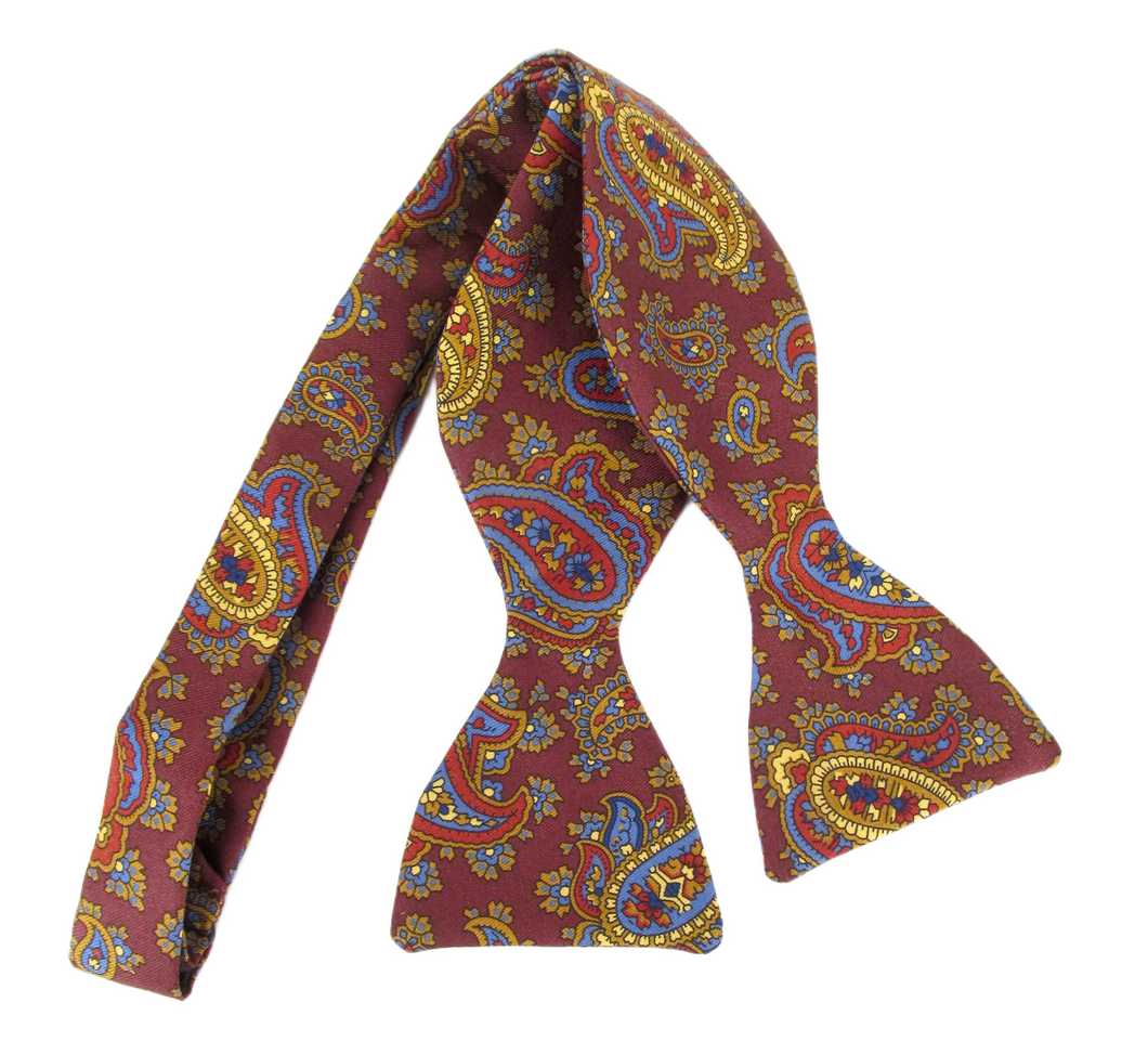 Burgundy Large Paisley English Printed Silk Self Tie Bow by Van Buck