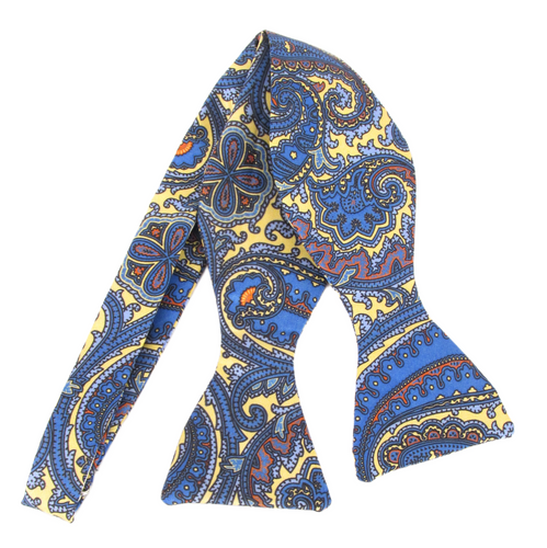 Yellow & Blue Giant Detailed English Paisley Printed Silk Self Tie Bow by Van Buck