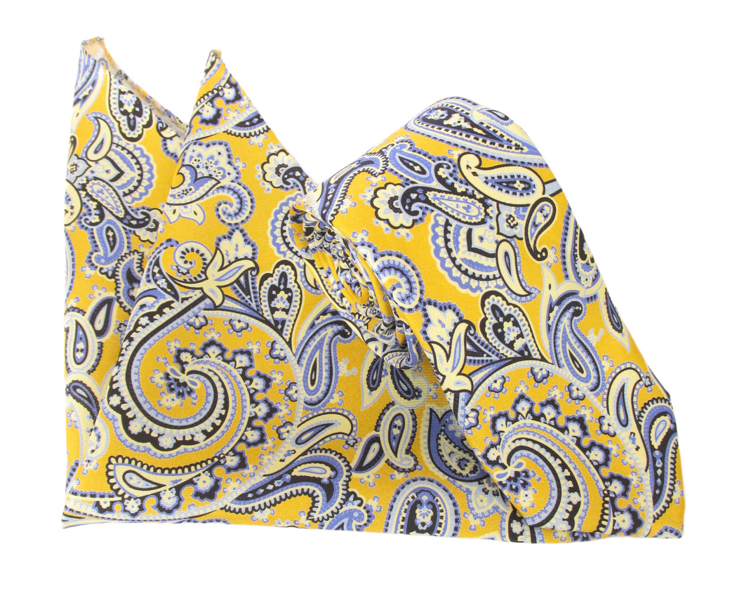 Gold & Blue Bold Floral Paisley Silk Tie & Pocket Square Set by Van Buck