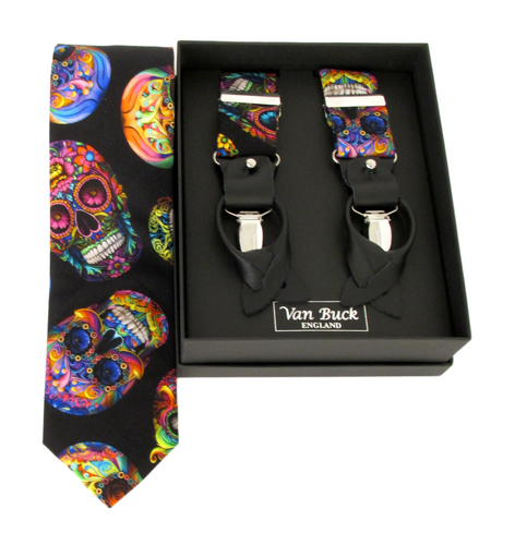 Psychedelic Skulls Tie & Trouser Braces Gift Set by Van Buck