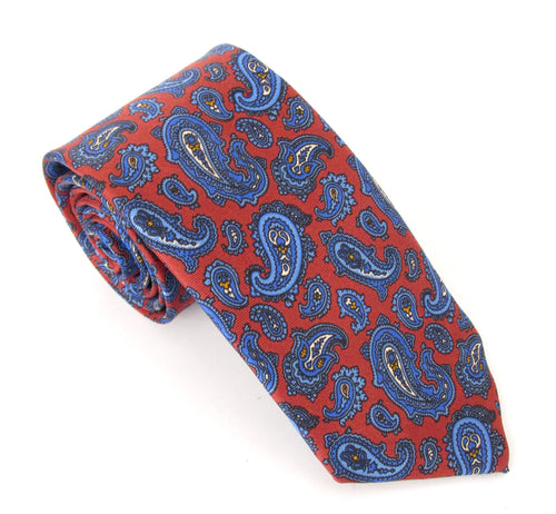 Red Traditional Paisley Printed English Silk Tie by Van Buck
