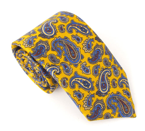 Gold Traditional Paisley Printed English Silk Tie by Van Buck