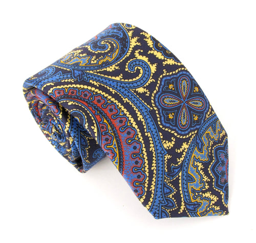 Navy Giant Paisley Printed English Silk Tie by Van Buck