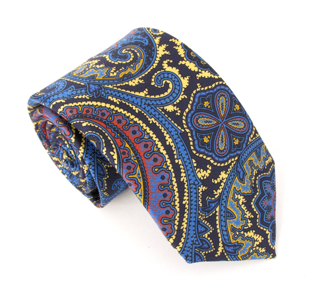 Navy Giant Paisley Printed English Silk Tie by Van Buck