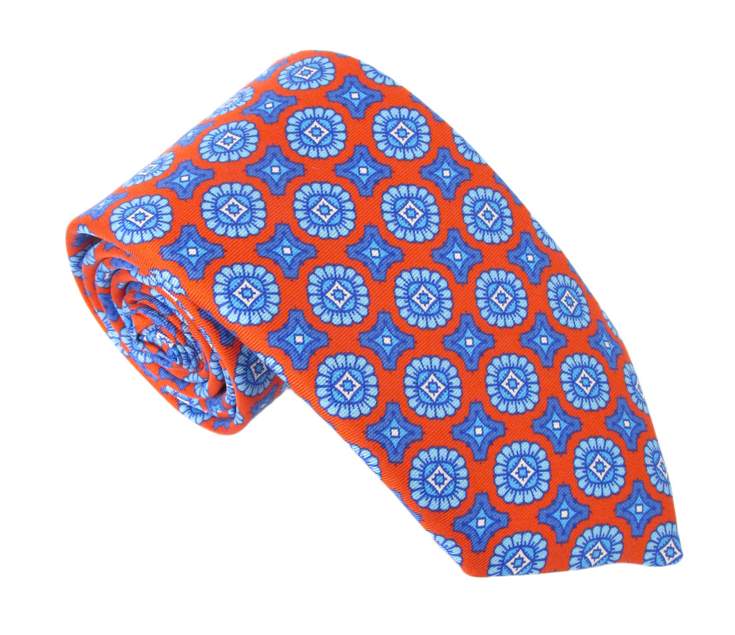 Red Medallion Printed English Silk Tie by Van Buck