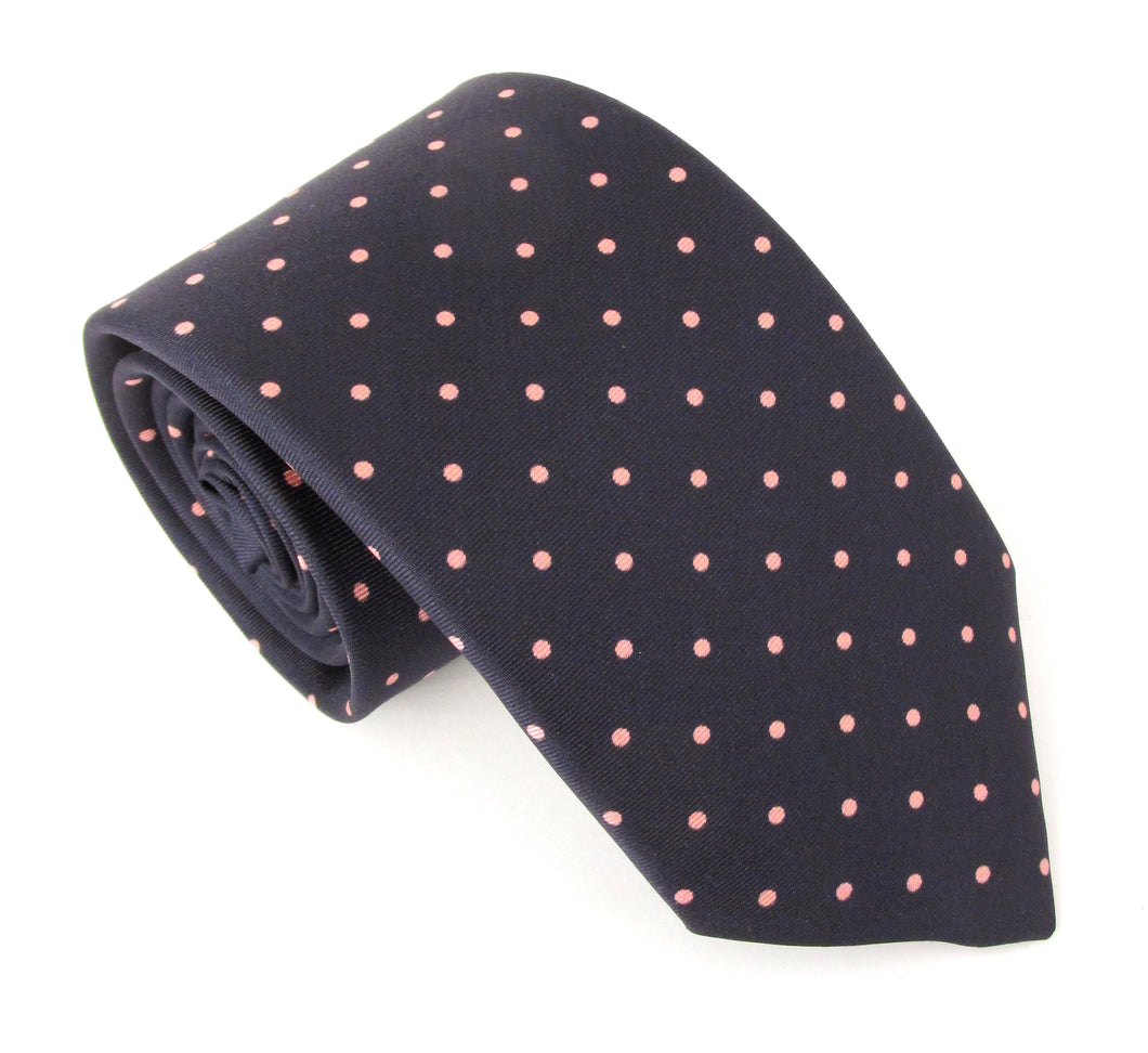 Navy Pink Polka Dot Printed English Silk Tie by Van Buck