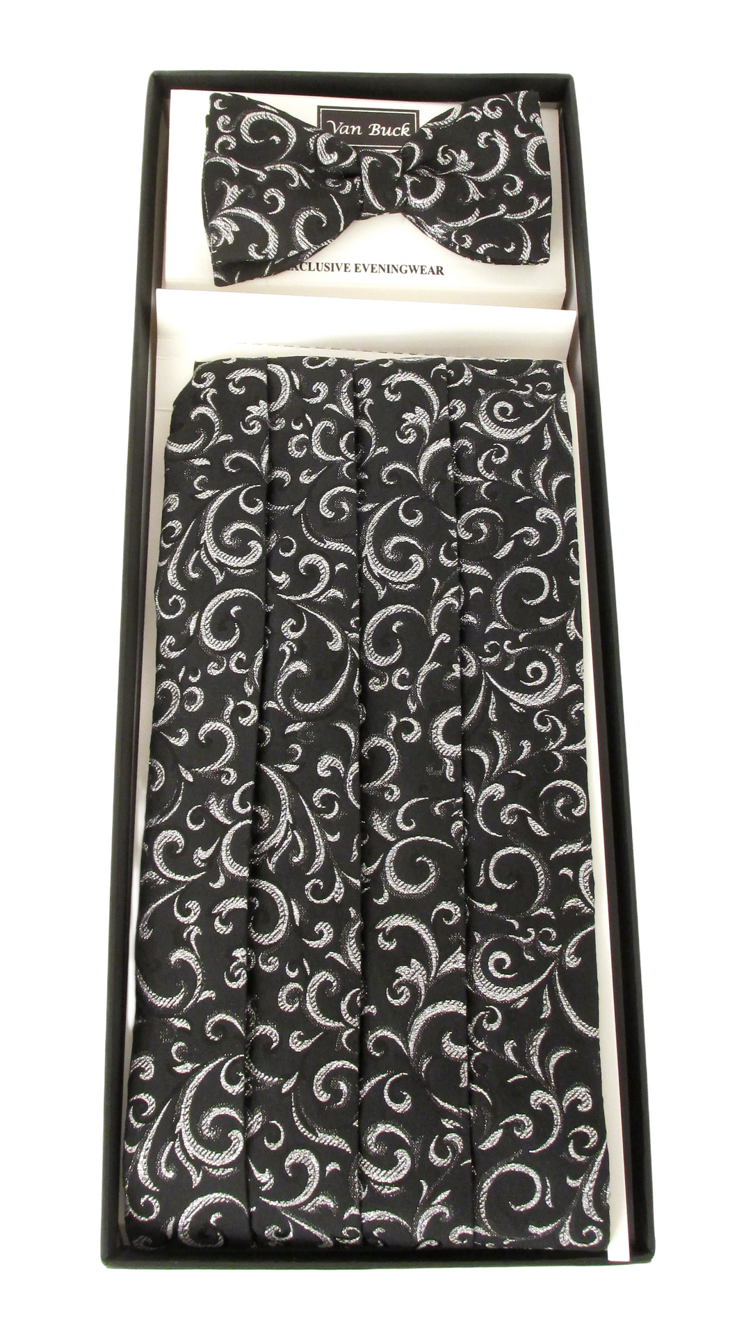 Sparkly Ornate Silver Cummerbund & Bow Tie Set by Van Buck