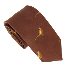 Brown Standing Pheasant Country Silk Tie