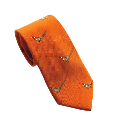 Orange Running Pheasant Country Silk Tie by Van Buck