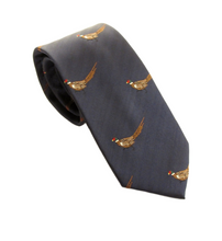 Navy Blue Running Pheasant Country Silk Tie by Van Buck