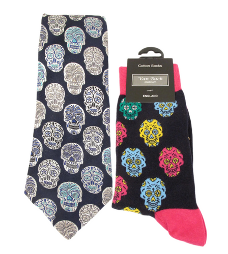 Van Buck Limited Edition Navy & White Skull Silk Tie & Multi Skull Socks Gift Set