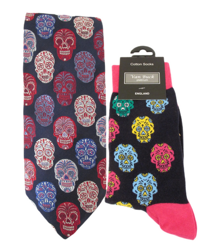 Van Buck Limited Edition Red Skull Silk Tie & Multi Skull Socks Gift Set