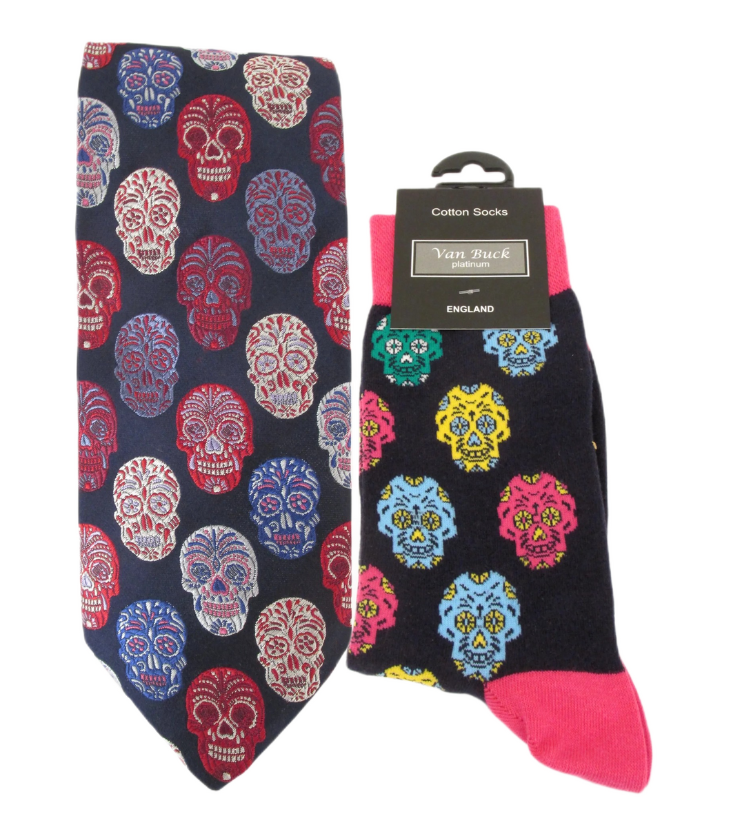 Van Buck Limited Edition Red Skull Silk Tie & Multi Skull Socks Gift Set