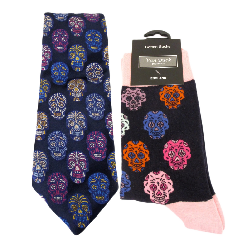 Van Buck Limited Edition Navy & Blue Skull Silk Tie & Socks Gift Set