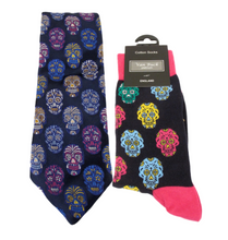 Van Buck Limited Edition Navy & Blue Skull Silk Tie & Multi Skull Socks Gift Set