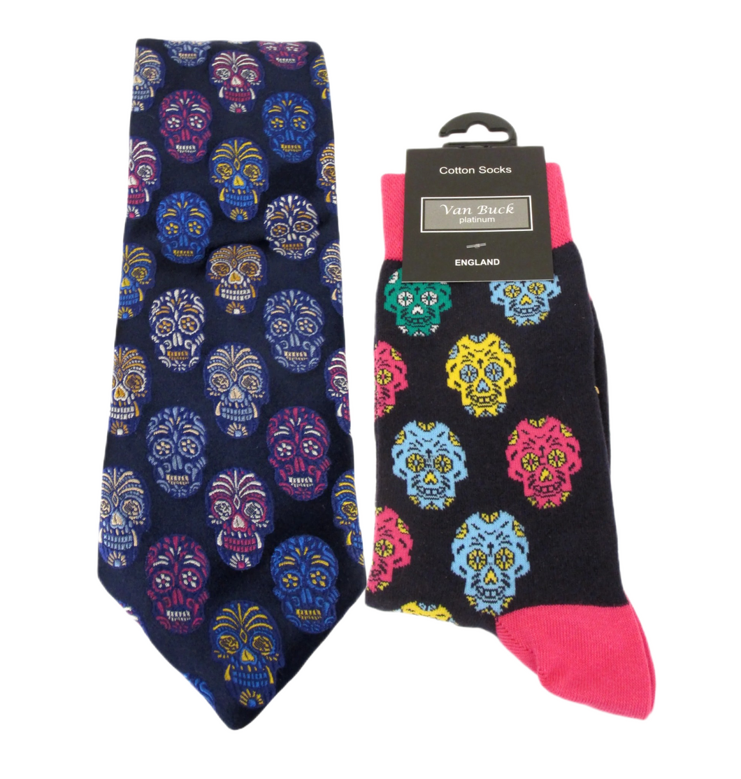 Van Buck Limited Edition Navy & Blue Skull Silk Tie & Multi Skull Socks Gift Set