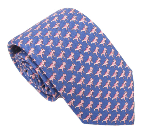 Italian Printed Silk Blue & Pink T-Rex Tie